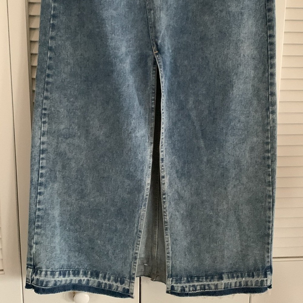 ONEDNA Ann Arbor Denim Maxi Skirt Women’s Blue Jean Front Slit Raw Edge Size L - Picture 2 of 14